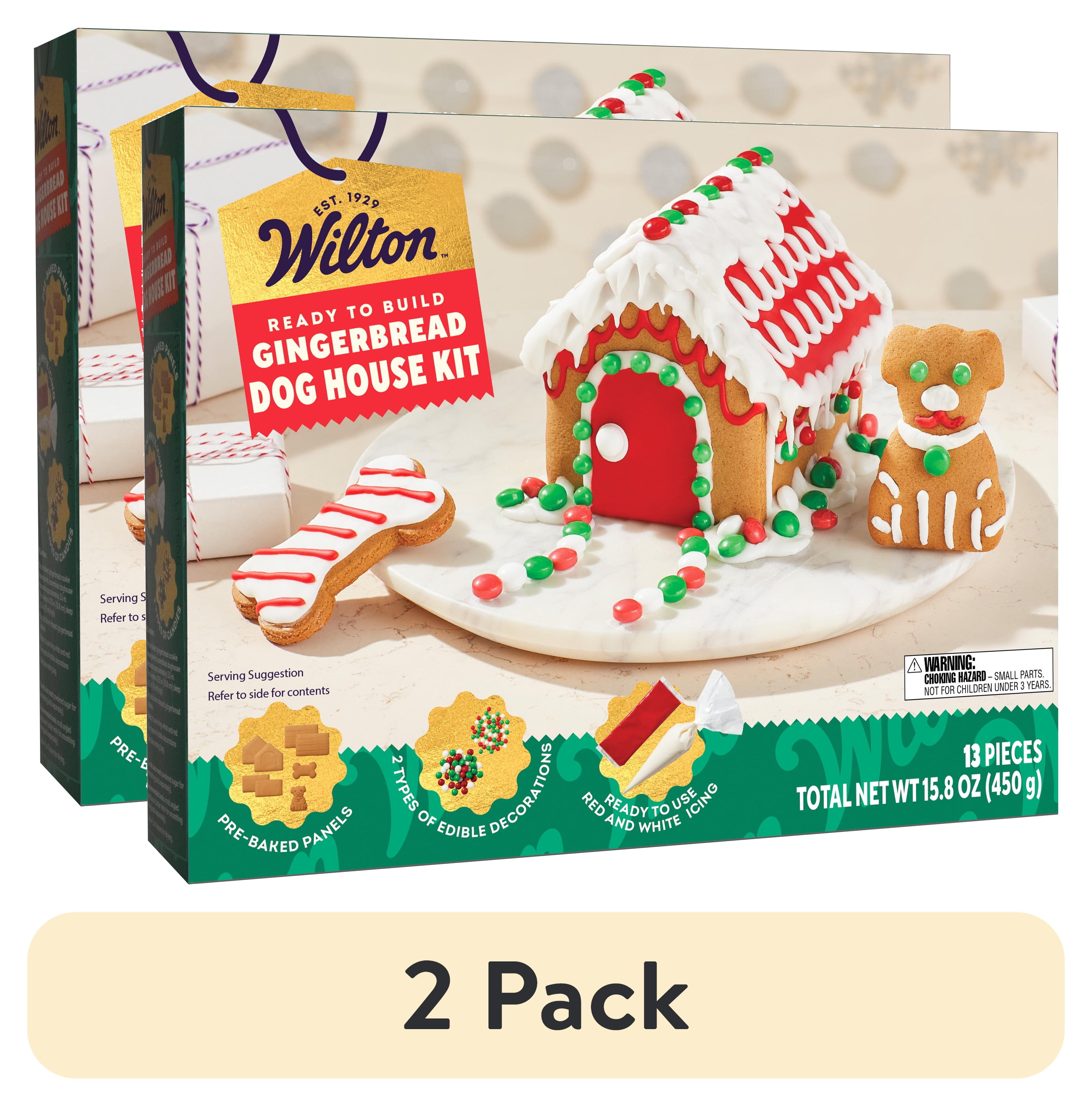 (2 pack) Wilton Christmas Gingerbread Doghouse Kit with Icing and Edible Decorations, 15.8 oz, Wheat