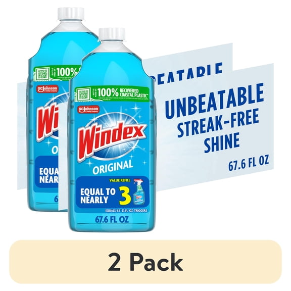 (2 pack) Windex Glass, Window, and Mirror Cleaner Refill, Original Blue, 2 L