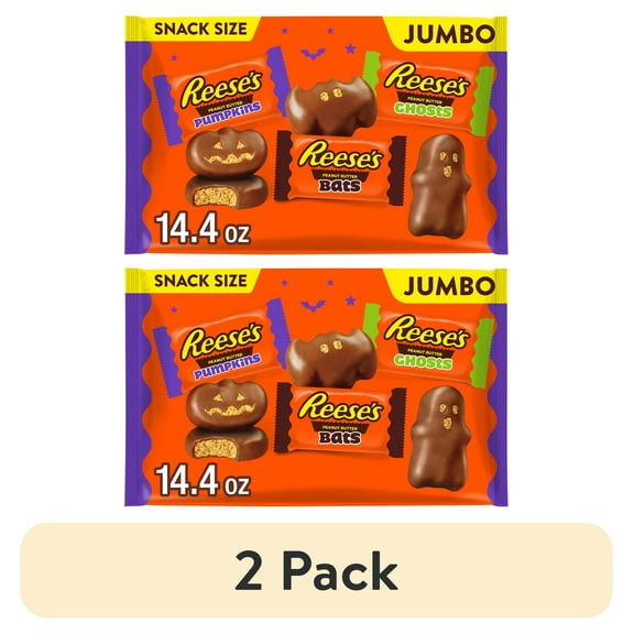 (2 pack) Reese's Assorted Milk Chocolate Snack Size Peanut Butter Shapes Halloween Candy, Jumbo Bag 14.4 oz