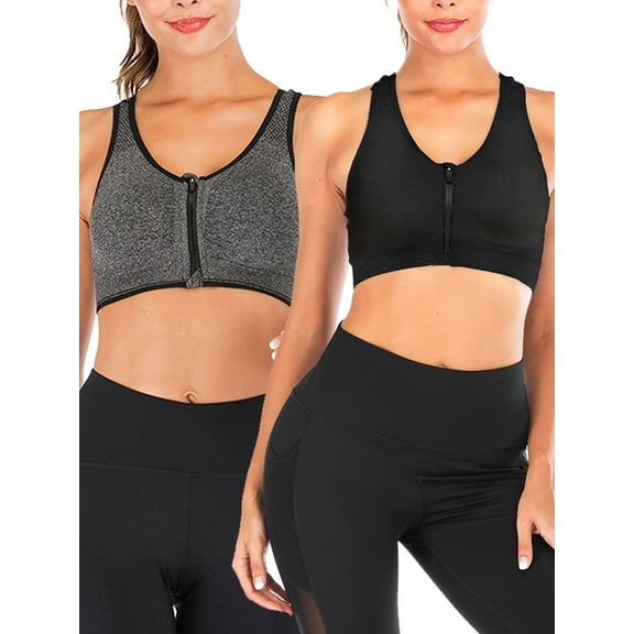 2 pack Women's Sports Bras Zipper Yoga Bras Racerback Workout Bras Wireless Zip Front High Impact Yoga Bras for Yoga Gym Workout Fitness