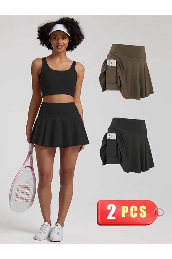 2 pack Womens Tennis Skirt Pleated Athletic Skirts with Pockets Shorts High Waisted Golf Skort for Workout Pickleball