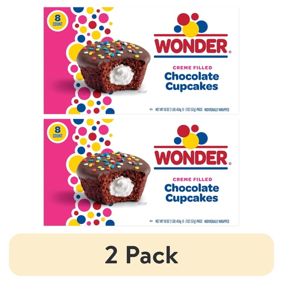 (2 pack) Wonder Crème Filled Chocolate Cupcakes, Individually Wrapped Cupcakes, 8 Count