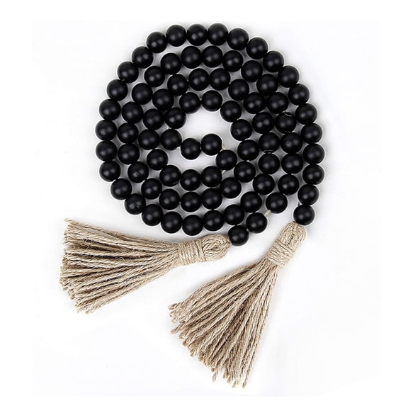 2 pack Wood Beads Garland with Tassels Farmhouse Rustic Wooden Prayer Bead String Wall Hanging Accent for Home Festival Decor. Black