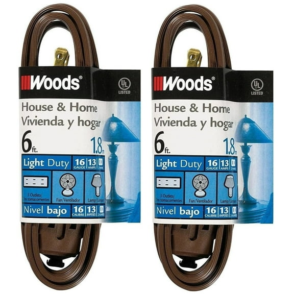 (2-pack) - Woods 0600 Cube Extension Cord with Power Tap, 6-Foot, Brown