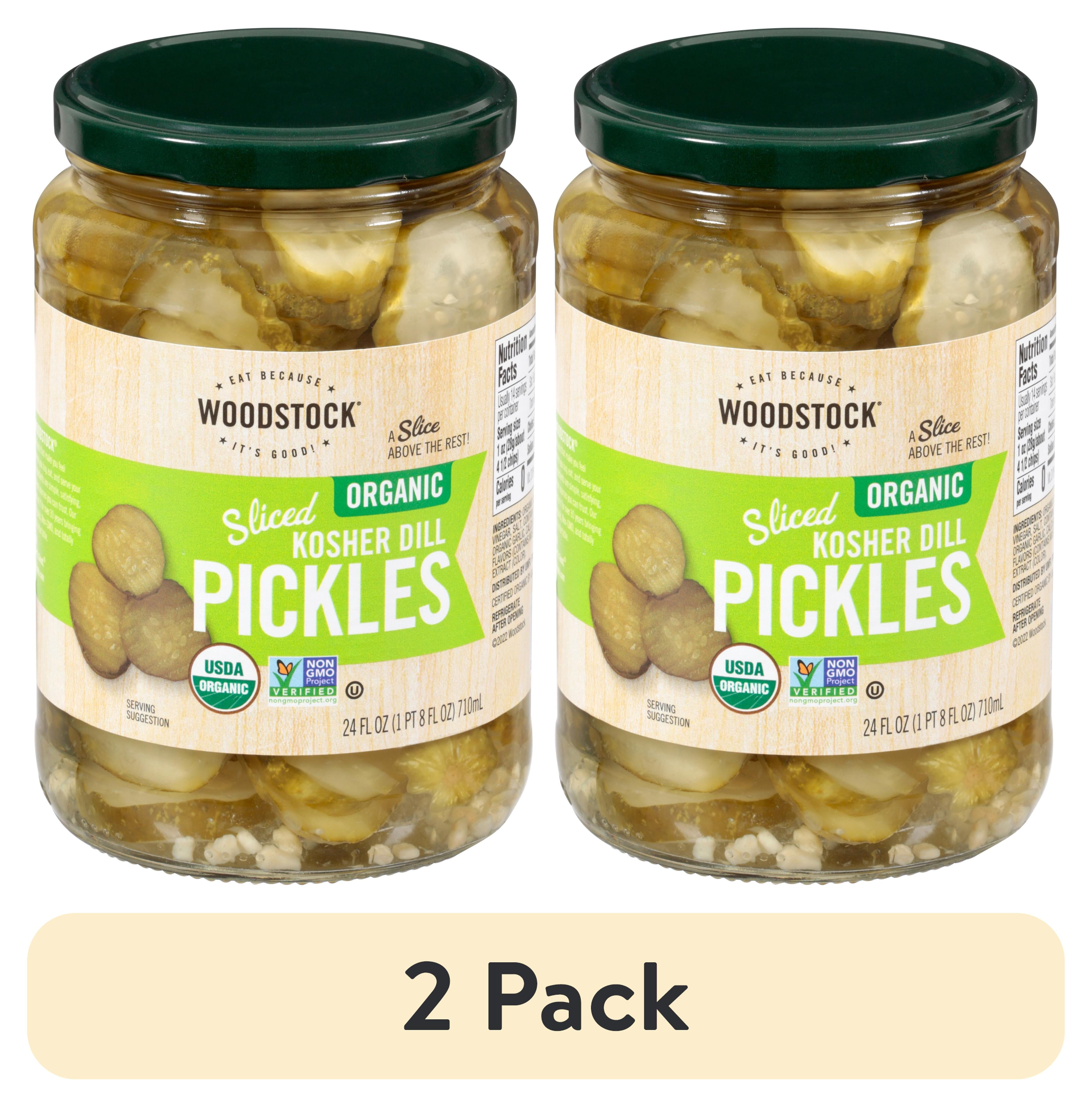 (2 pack) Woodstock Foods Organic Sliced Kosher Dill Pickles, 24 fl oz Jar, Serving Size 4.5 Pieces, Servings Per Container 14