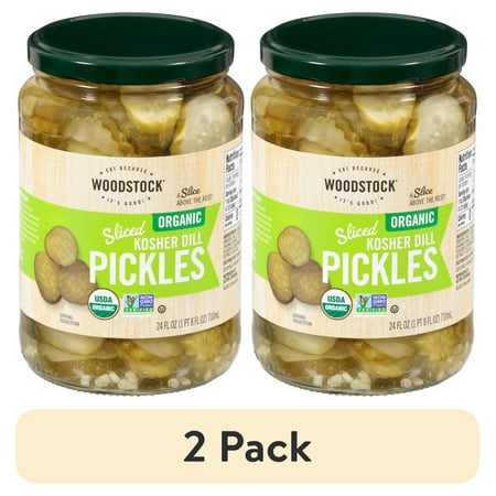 (2 pack) Woodstock Foods Organic Sliced Kosher Dill Pickles, 24 fl oz Jar, Serving Size 4.5 Pieces, Servings Per Container 14