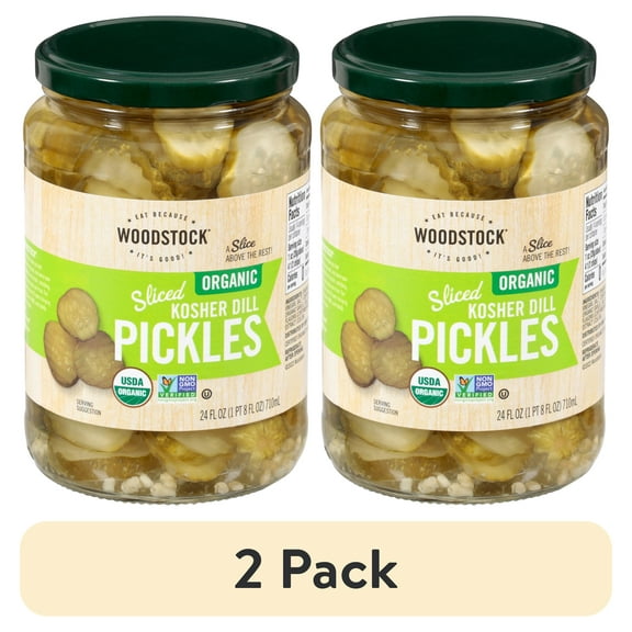 (2 pack) Woodstock Foods Organic Sliced Kosher Dill Pickles, 24 fl oz Jar, Serving Size 4.5 Pieces, Servings Per Container 14