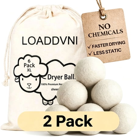 (2 pack) Wool Dryer Balls Organic XL 6 Balls per Pack by Loaddvni, Save Time,Money,Energy.