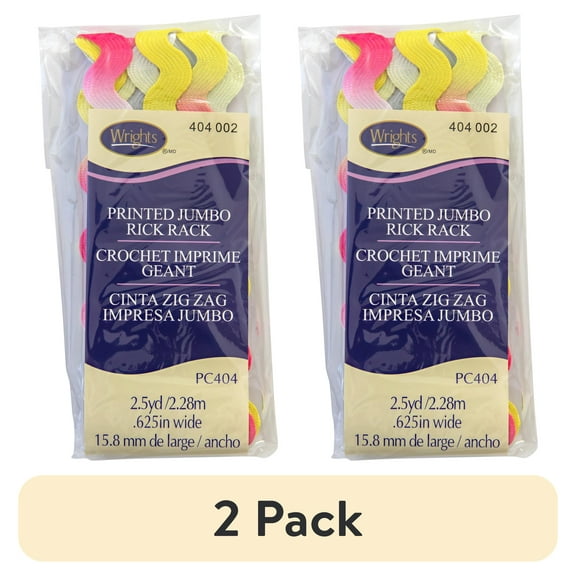 (2 pack) Wrights Rick Rack, Pastel Rainbow, 5/8" Jumbo Braided Printed Rick Rack For Sewing And Crafts, 2.5 Yards, 1 Each