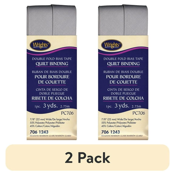 (2 pack) Wrights Bias Shadow Gray 7/8" Double Fold Bias Tape Quilt Binding 3 yd Polyester Blend Sewing Trim