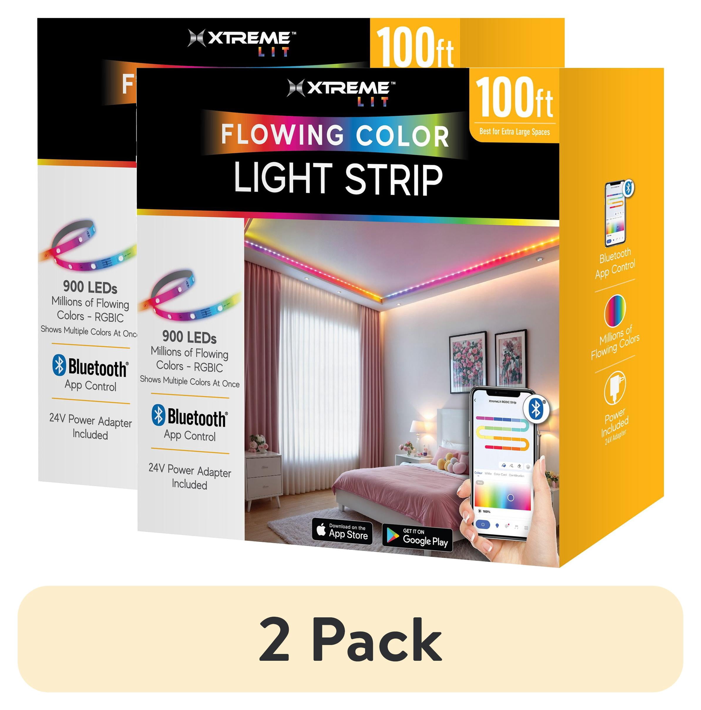 (2 pack) Xtreme Lit 100ft LED Strip Lights, Multicolor Flow LED Lights for Bedroom, Bluetooth App Control