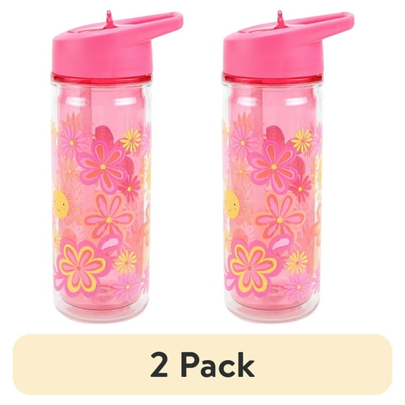 (2 pack) Your Zone 14 oz Flower Double Wall Insulated Plastic Water Bottle with Lid and Straw