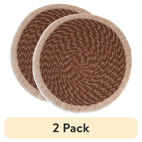 (2 pack) Yellowstone Round Kitchen Fringe Table Placemat, Brown