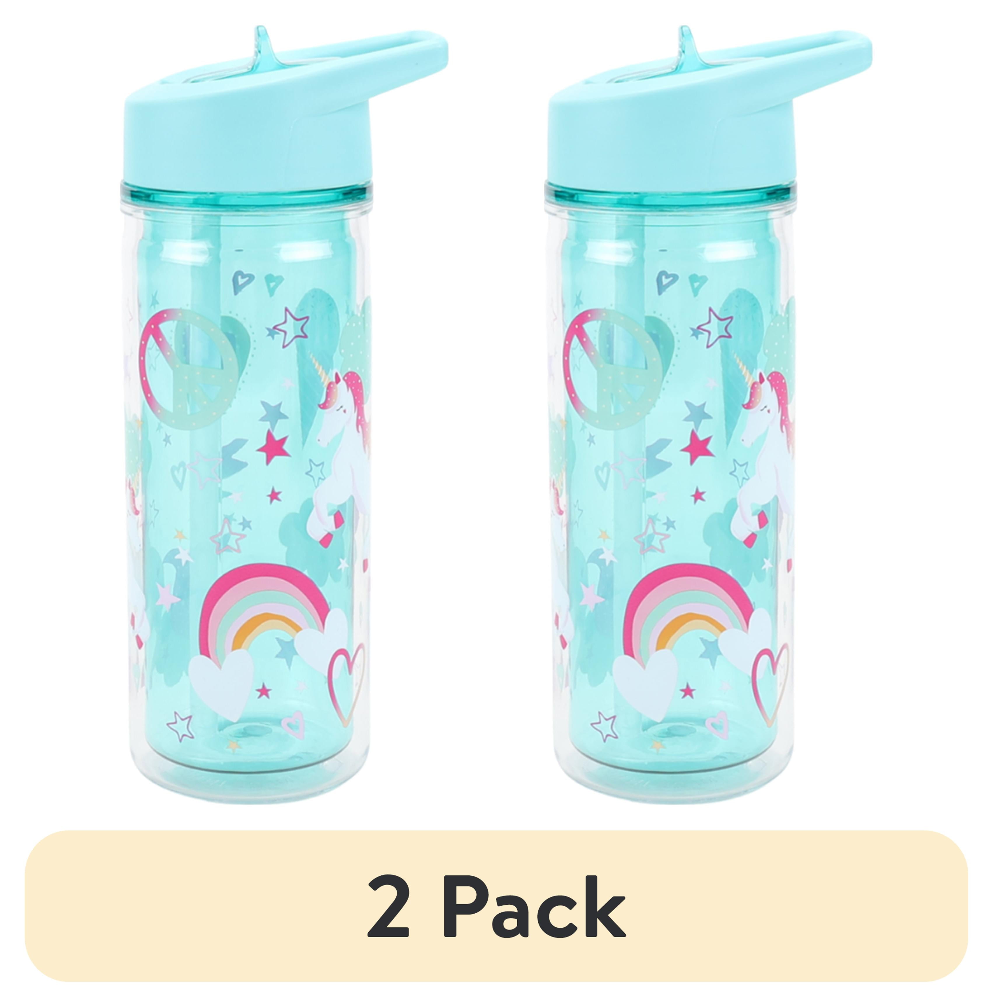 (2 pack) Your Zone 14 oz Unicorn Double Wall Insulated Plastic Water Bottle with Lid and Straw