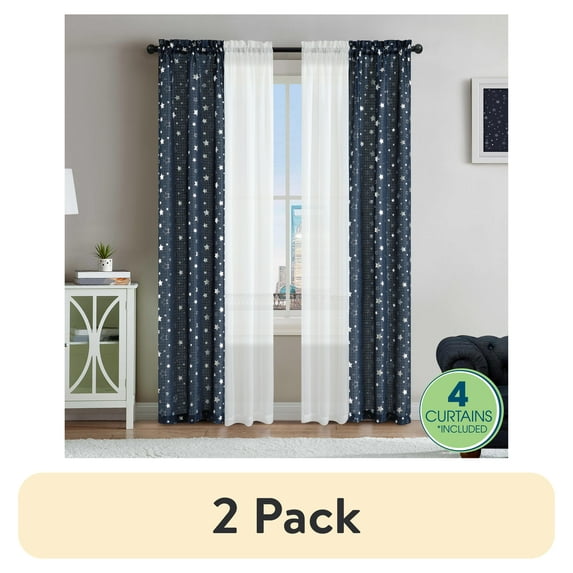 (2 pack) Your Zone Curtain and Sheers Panel Set, 4-Piece, Foil Stars Navy, 27.5" W x 84" L