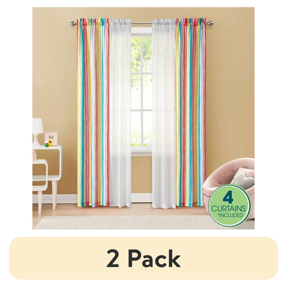 (2 pack) Your Zone Curtain and Sheers Panel Set, 4-Piece, Watercolor Stripes, 27.5" W x 54" L