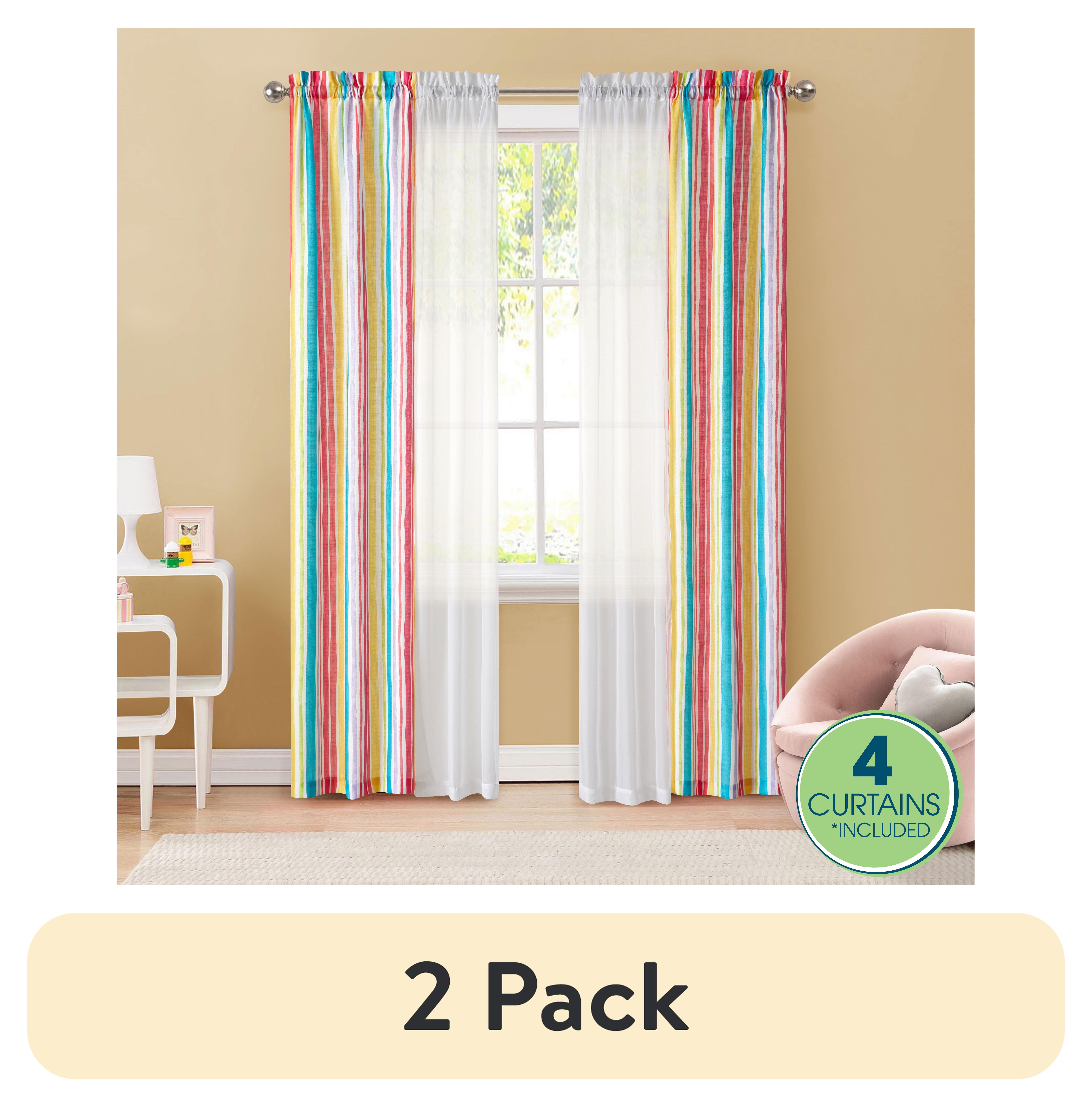 (2 pack) Your Zone Curtain and Sheers Panel Set, 4-Piece, Watercolor Stripes, 27.5 in W x 84 in L