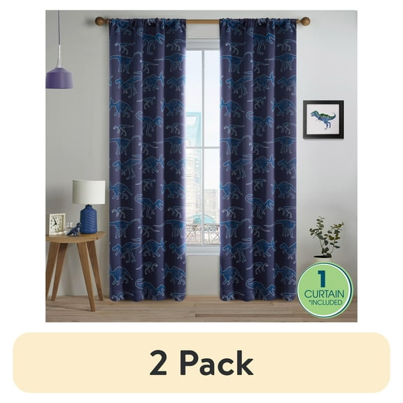 (2 pack) Your Zone Blackout Curtain Panel with Glow in the Dark Print, 1 Panel, Blue Dinosaur, 37" W x 84" L