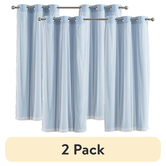 (2 pack) Your Zone Blue Blackout Curtain Panel with Sheer Overlay, Grommet Top, 37 in x 63 in