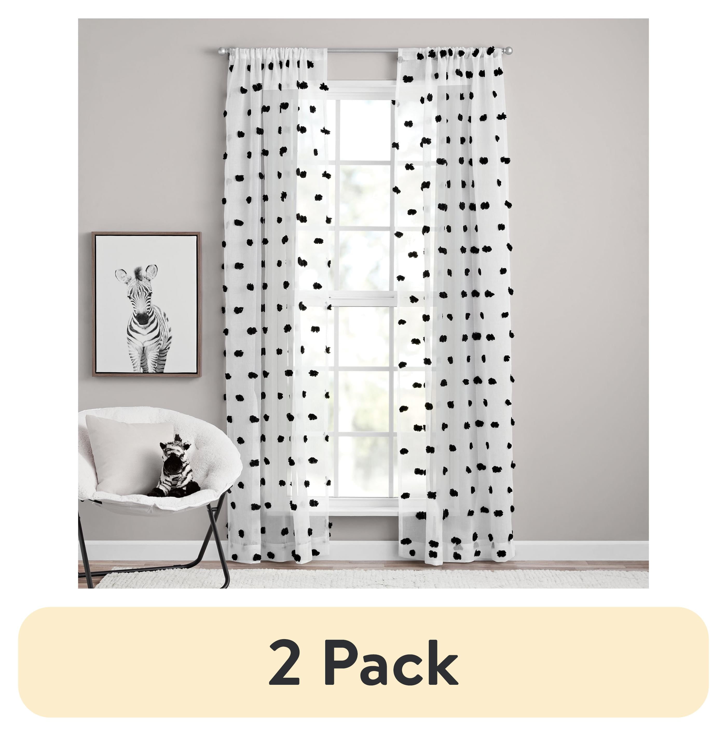 (2 pack) Your Zone Clipped Pom Rod Pocket Sheer Single Curtain Panel, White/Black, 38"W x 84"L
