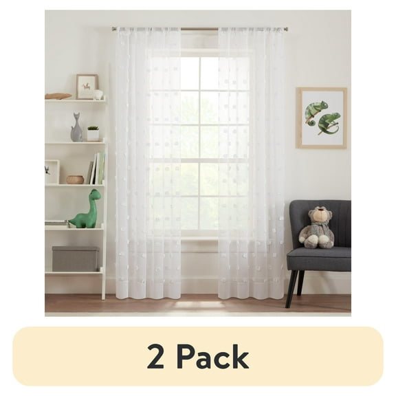 (2 pack) Your Zone Clipped Pom Sheer Single Curtain Panel, Artic White, 38"W x 84"L