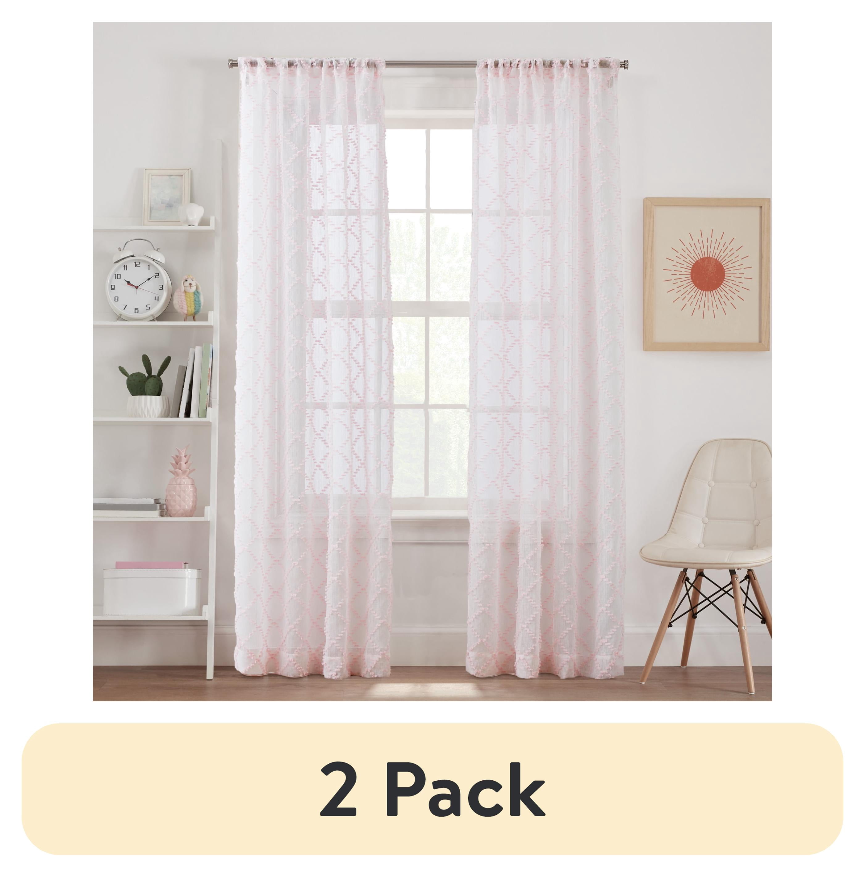 (2 pack) Your Zone Diamond Clip Sheer Single Curtain Panel, Pink Starlight, 38 in W x 84 in L