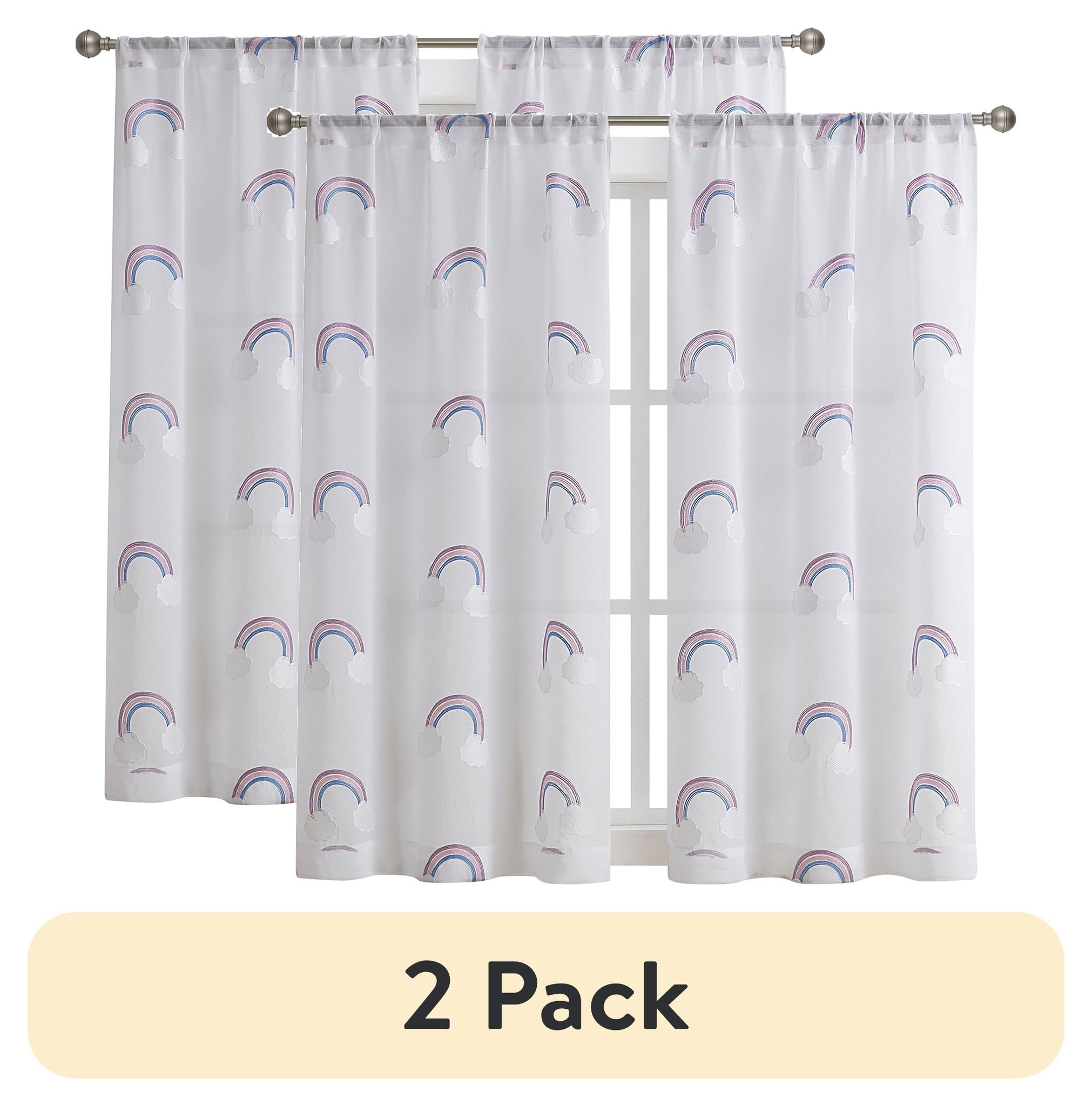 (2 pack) Your Zone Embroidered Rainbow Rod Pocket Sheer Single Curtain Panel, White/Multi, 38"W x 63"L
