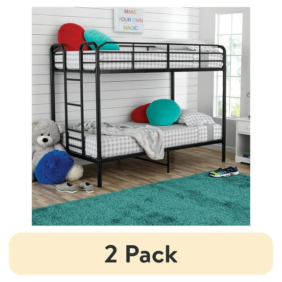 (2 pack) Your Zone Kids Metal Twin over Twin Quad Bunk Bed with Ladder and Guardrails, Black