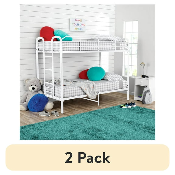 (2 pack) Your Zone Kids Modern Metal Twin over Twin Bunk Bed with Guardrails, White