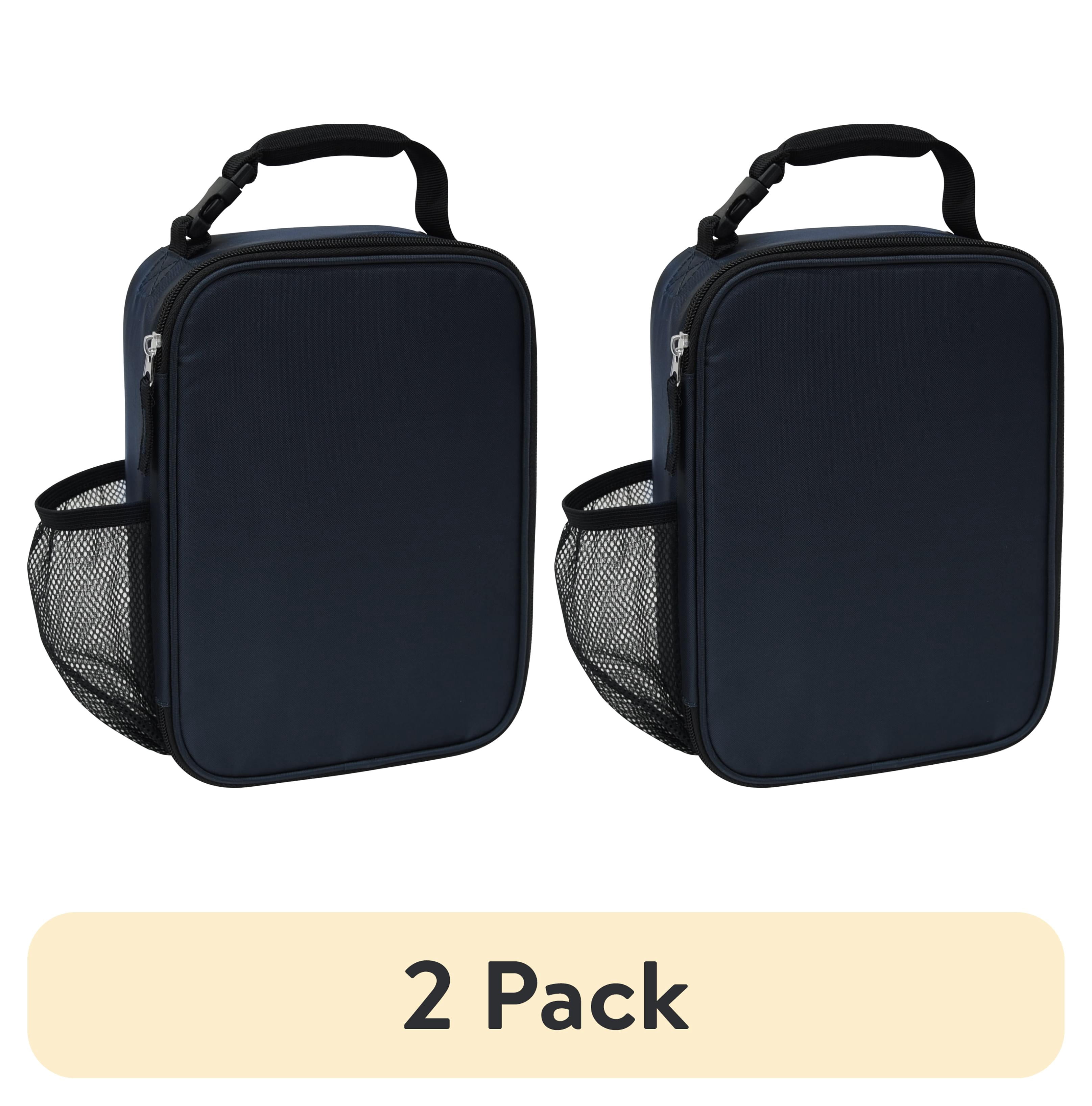 (2 pack) Your Zone Insulated Reusable Lunch Bag with Handle, Side Mesh Bottle Pocket, Navy Blue, Polyester