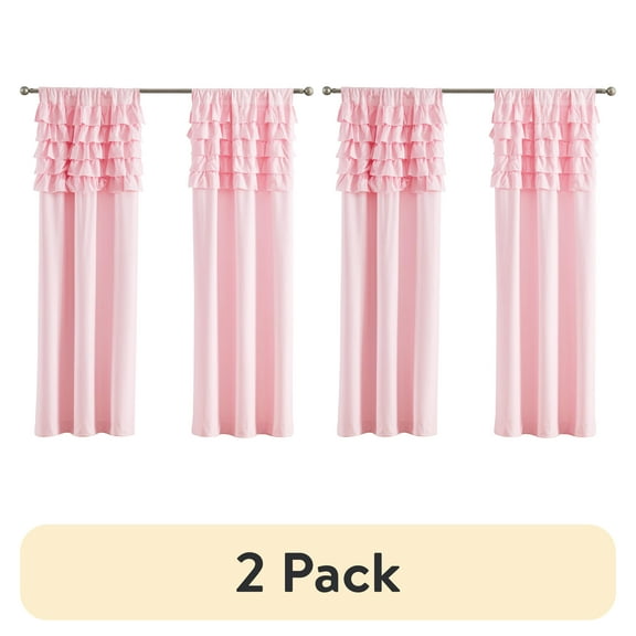 (2 pack) Your Zone Pink Ruffle Reversible Rod Pocket Blackout Curtain Panel, 37" x 84"