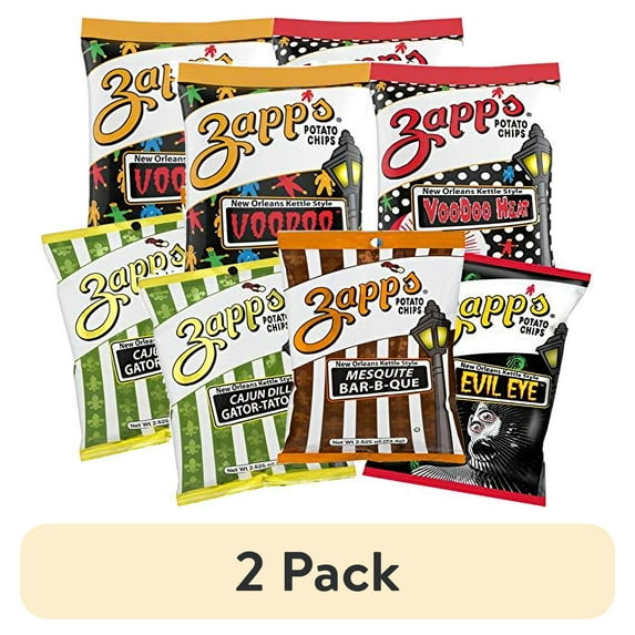 (2 pack) ZAPP'S Potato Chips Variety Pack | Evil Eye, Voodoo, Voodoo Heat, Mesquite BBQ, Cajun Dill Gatortator, 2.5 oz Hungry Sized Bags | 5-Pack