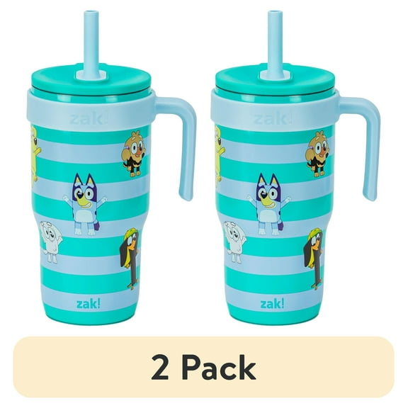 (2 pack) Zak Designs 18oz Bluey Kids Straw Handle Tumbler, Stainless Steel Vacuum Insulated Cruiser Tumbler with Silicone Straw Utilizing Leak-Proof Valve, Stripes