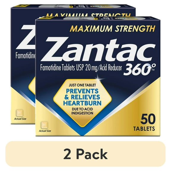 (2 pack) Zantac 360 Maximum Strength Tablets, 50 Count, Heartburn Prevention and Relief, 20 mg Tablets