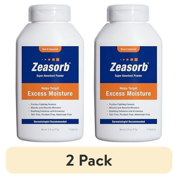 (2 pack) Zeasorb Excess Moisture Control Super Absorbent Foot & Body Powder, Dermatologist Recommended, Friction-Fighting Formula with Patented Odor Control Technology, 2.5 oz bottle