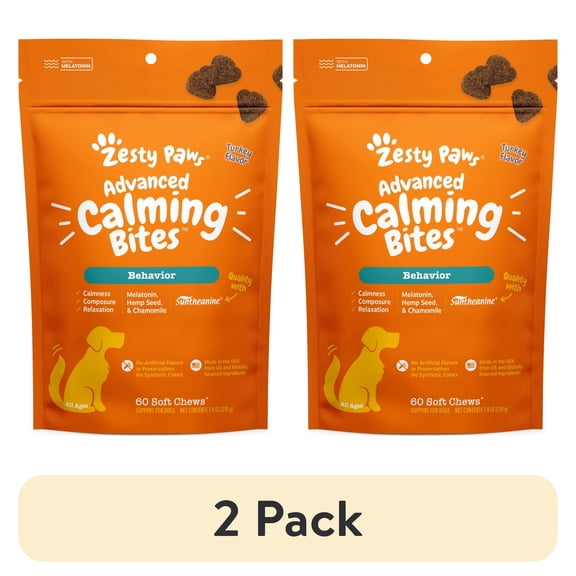 (2 pack) Zesty Paws Advanced Calming Bites for Dogs, Calming Behavior, Turkey Flavor, 60 Count Soft Chews