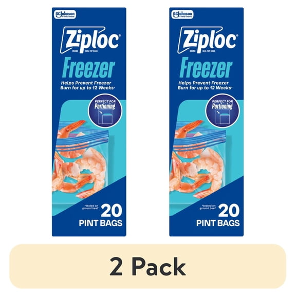 (2 pack) Ziploc Brand Pint Freezer Food Storage Bags, School Supplies, Grip 'n Seal Technology, Zipper, 20 Count