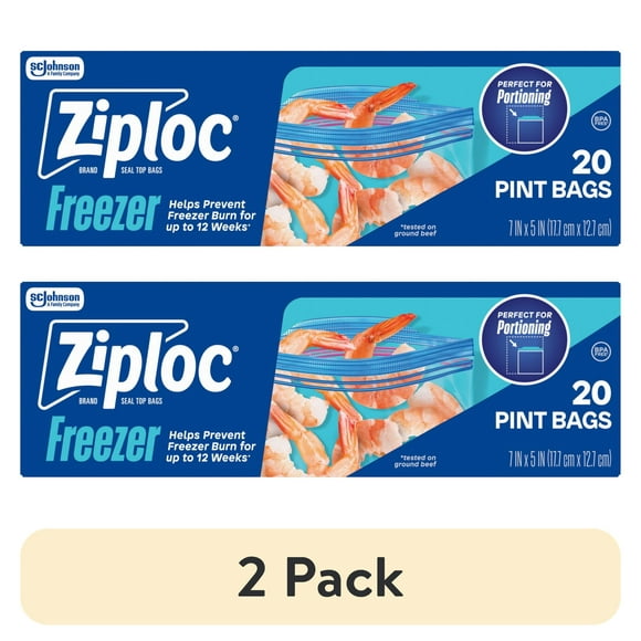 (2 pack) Ziploc Brand Pint Freezer Bags, School Supplies, with Grip 'n Seal Technology, 20 Count