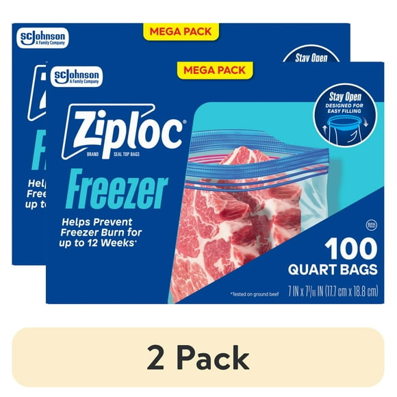 (2 pack) Ziploc Freezer Quart Bag, School Supplies, Stay Open Design, Grip 'n Seal Technology, Reusable, 100 Count