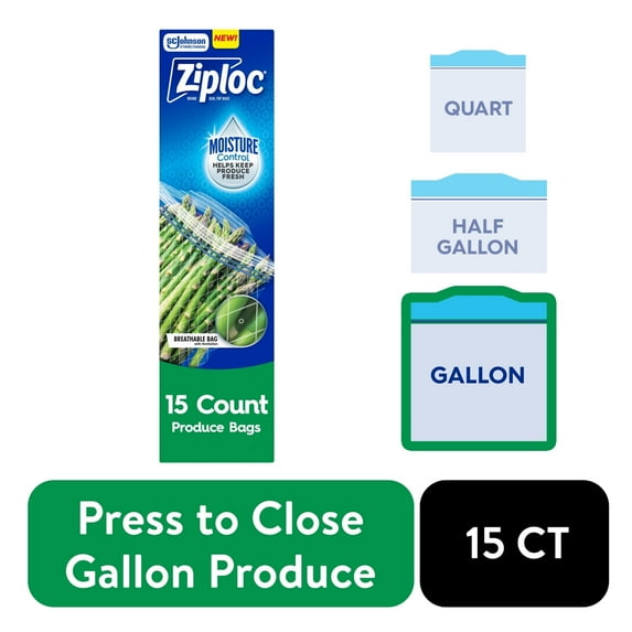 (2 pack) Ziploc Gallon Produce Storage Bags, Breathable Bag, Moisture Control, 15 count