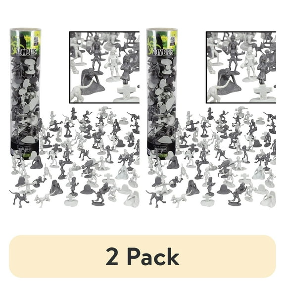 (2 pack) Zombie Action Figures - Big Bucket of 100 Zombies with 14 Unique Sculpts - Zombies, Pets, Graves, and Humans for Playtime, Decorations & Parties, Perfect for Collector's & Action Figure Lovers
