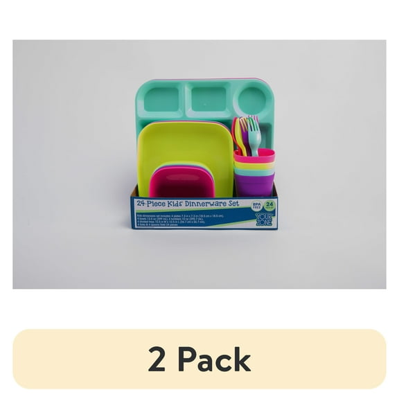 (2 pack) Your Zone 24 Piece Plastic Dinnerware Set for Kids with 4 each Trays, Bowls, Plates, Cups, Forks, Spoons in Bright Pink, Purple, Mint, Yellow