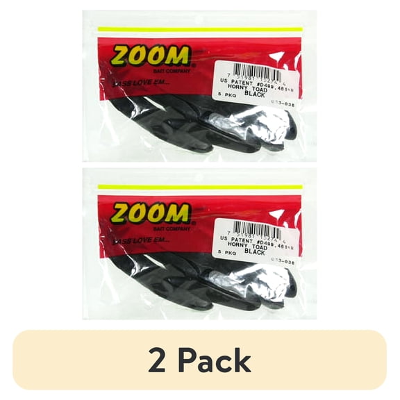 (2 pack) Zoom Horny Toad Freshwater Fishing Soft Bait for Bass, Black, 4 1/4", 5-pack
