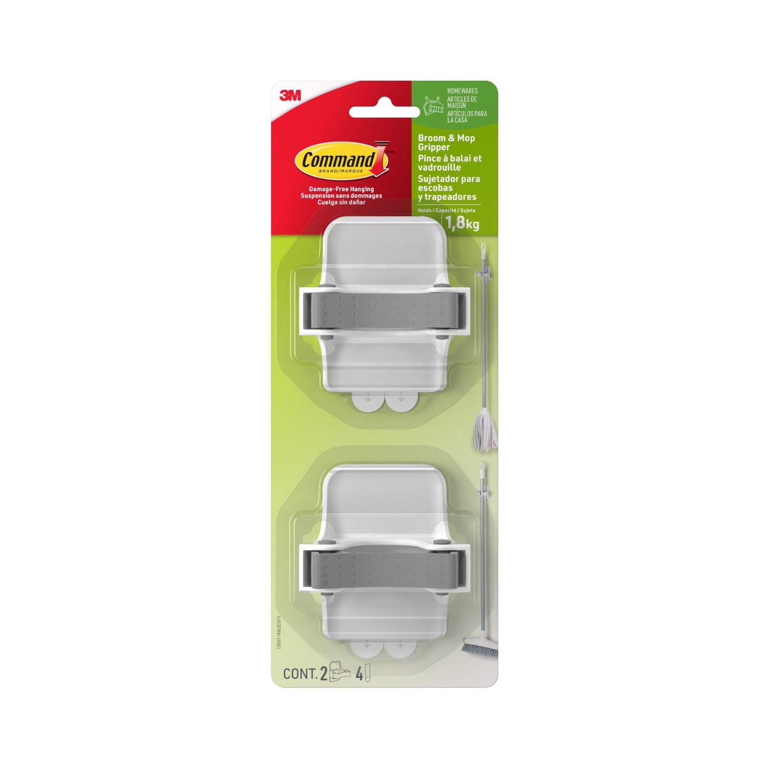 Command Broom and Mop Grippers Wall Hook, White, Damage Free Organizing, 2 Hangers
