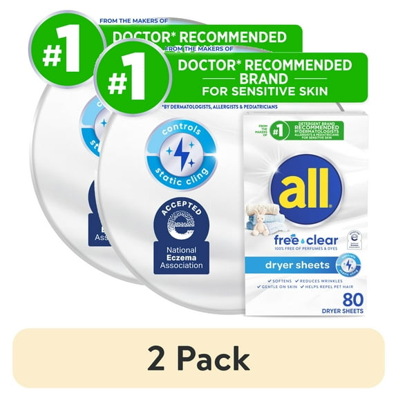 (2 pack) all Fabric Softener Dryer Sheets for Sensitive Skin, Free Clear, 80 Count