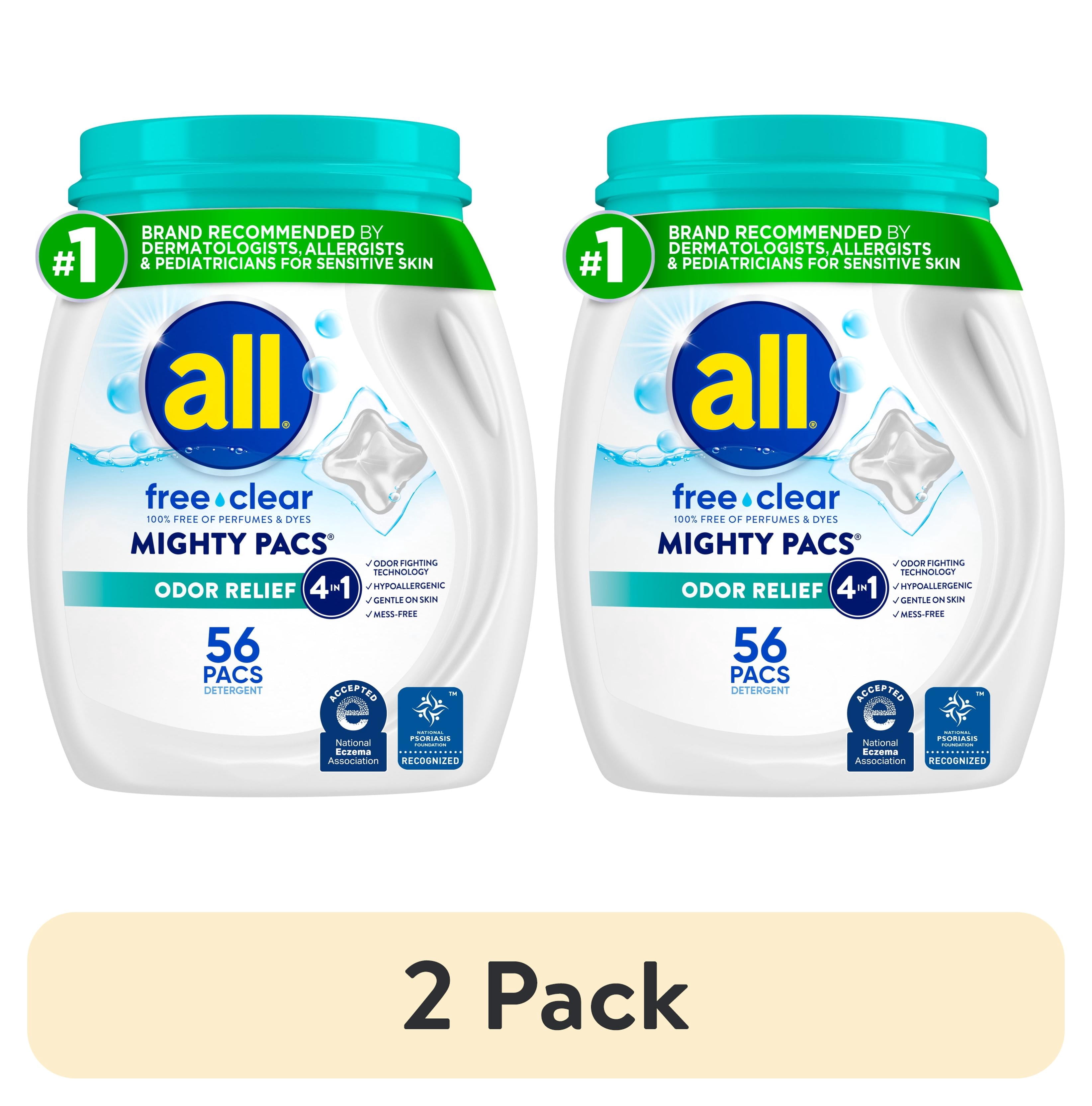 (2 pack) all free clear MIGHTY PACS Odor Relief Laundry Detergent Pacs for Sensitive Skin, 56 Count