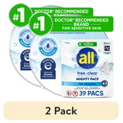 (2 pack) all Mighty Pacs Laundry Detergent Pacs, Free Clear for Sensitive Skin, Unscented and Dye Free, 39 Count