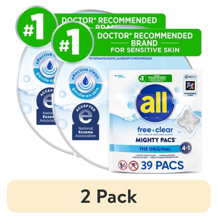 (2 pack) all Mighty Pacs Laundry Detergent Pacs, Free Clear for Sensitive Skin, Unscented and Dye Free, 39 Count