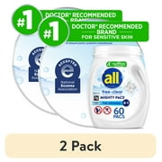 (2 pack) all Mighty Pacs Laundry Detergent Pacs, Free Clear for Sensitive Skin, Unscented and Dye Free, 60 Count