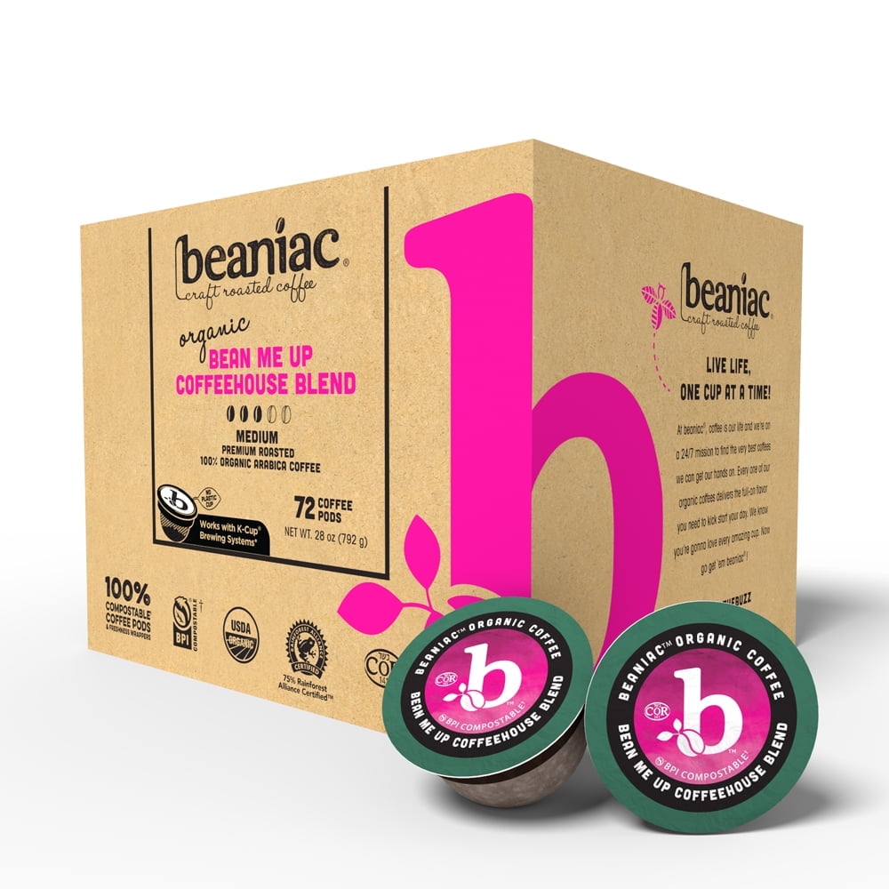 (2 pack) beaniac Organic Bean Me Up Coffeehouse Blend, Medium Roast, Single Serve Compostable K Cup Coffee Pods, Organic Arabica Coffee, Keurig Brewer Compatible, 72 Count